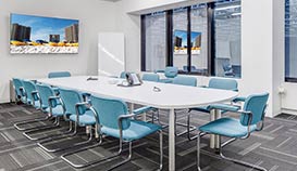 conference room with blue chairs